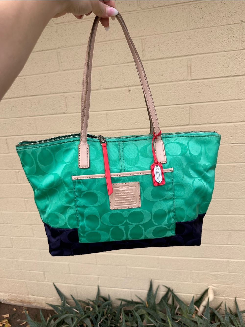 Coach Green Nylon Tote with Tan Handles and Navy Base